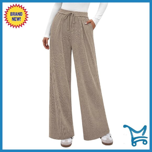 Women's Wide Leg Knit Pants High Waisted Elastic Lounge Palazzo with Pockets